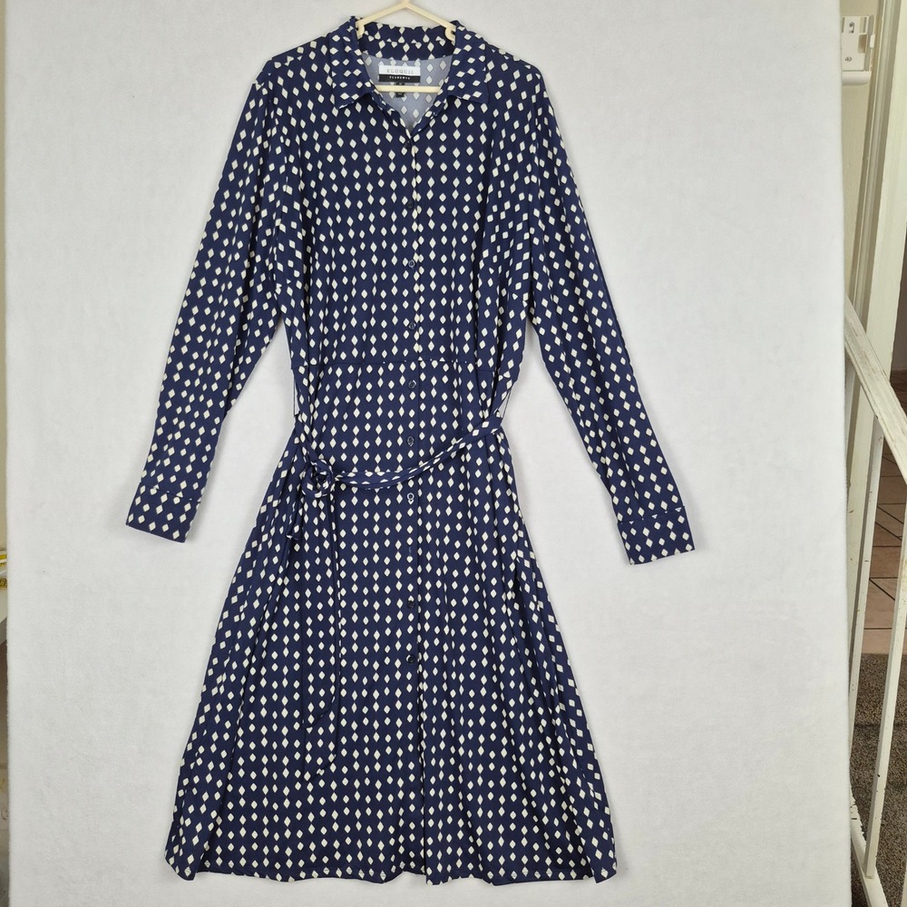 Eloquii Elements Navy Blue geometric Print Long Sleeve Belted Shirt Dress Sz 20